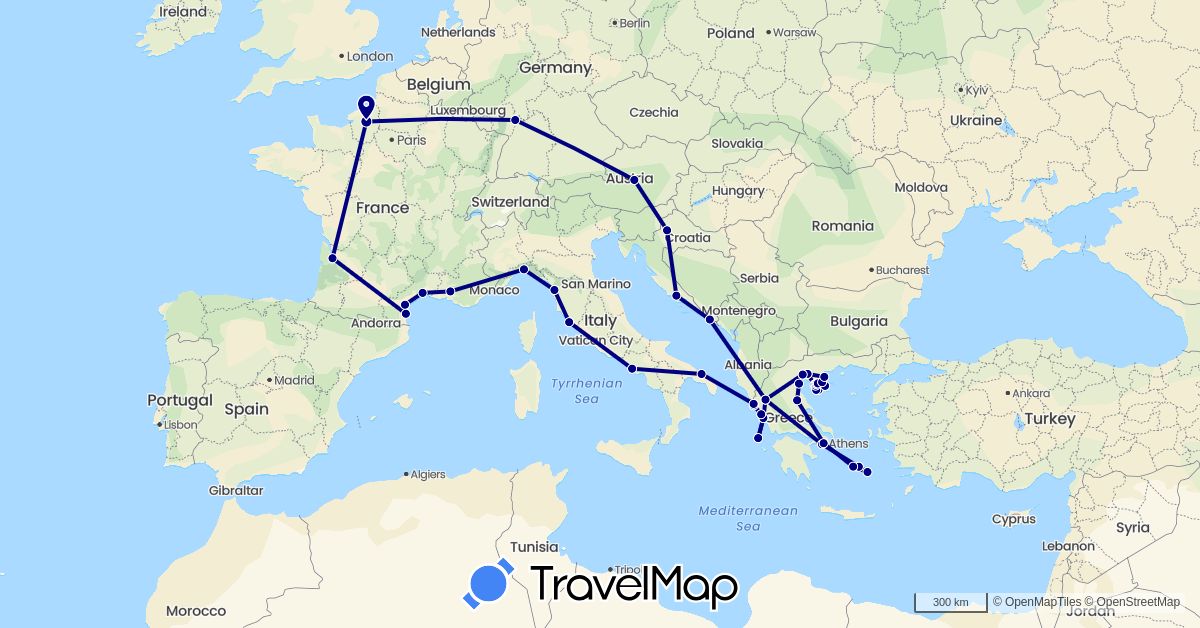 TravelMap itinerary: driving in Austria, Germany, France, Greece, Croatia, Italy (Europe)